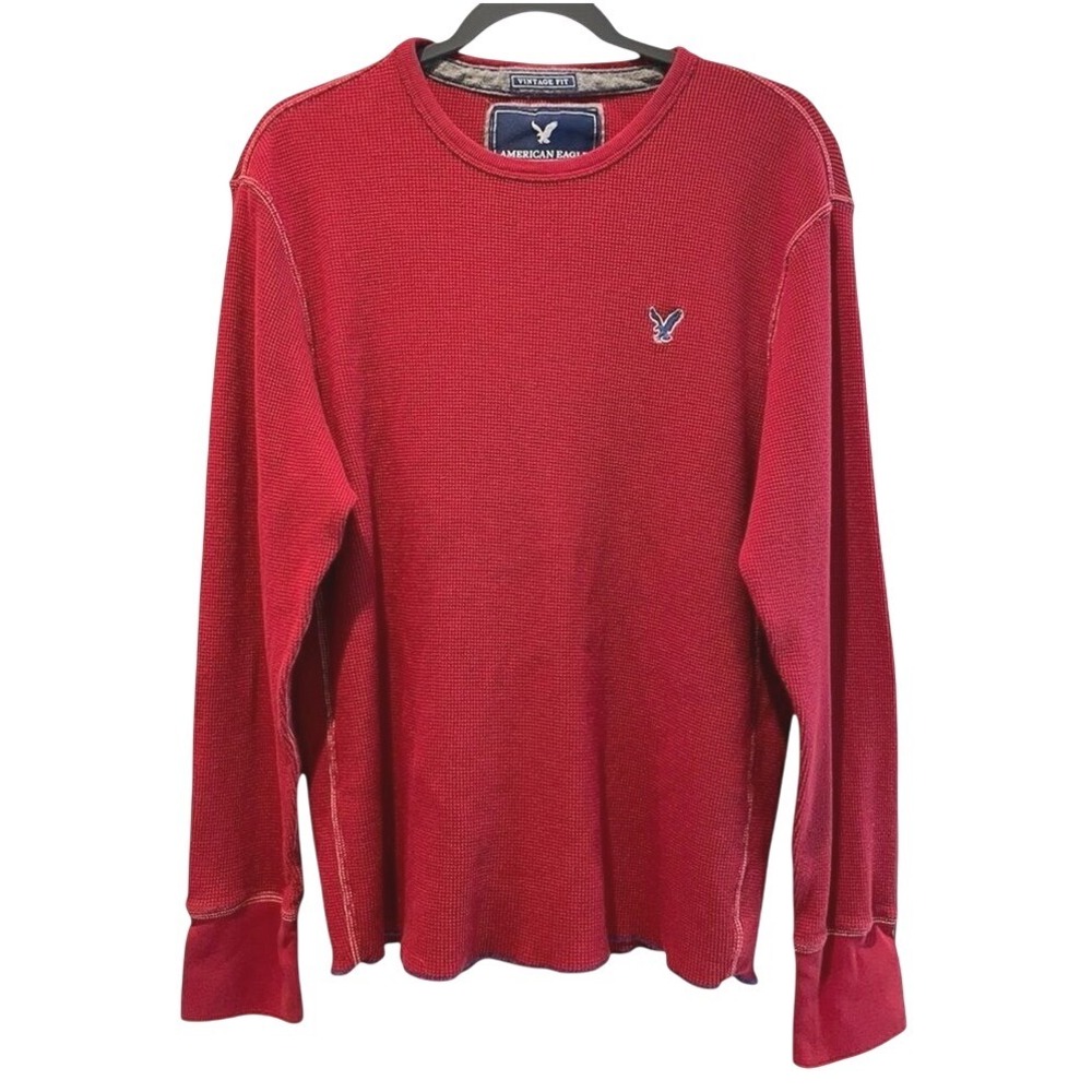American Eagle Waffle Knit Thermal Red Vintage Fit Long Sleeve Crewneck Mens XL